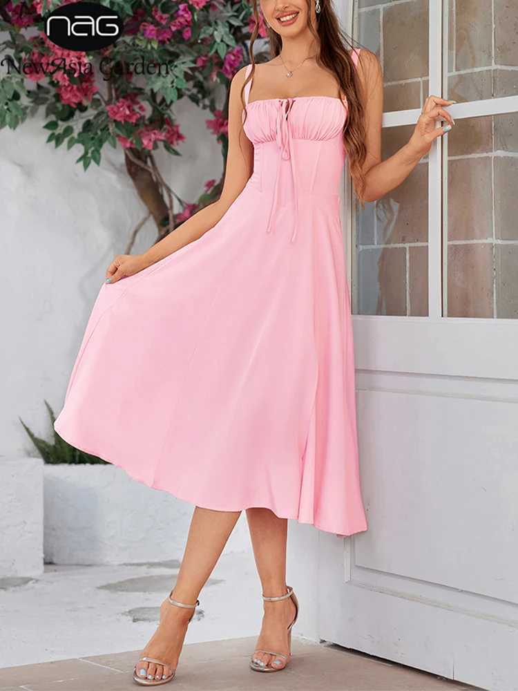 NewAsia Summer Sweet Solid Sleeveless Long Dress Women Fashion Bandage Camisole Dresses Padded Boned Robe Elegant Party Dresses XJ250610