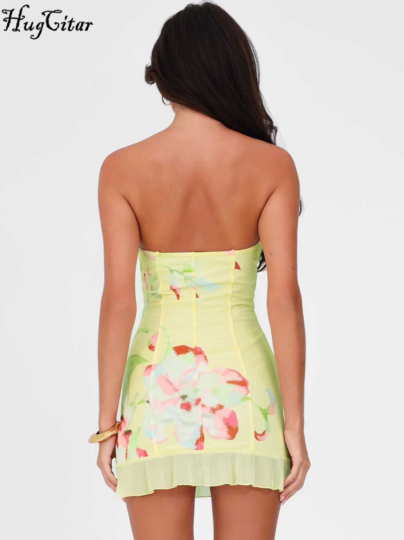 Hugcitar Floral Print Ruffles Strapless Elegant Sexy Slim Cute Mini Dress Summer Women Fashion Outfits Beach Festival Birthday XJ250610