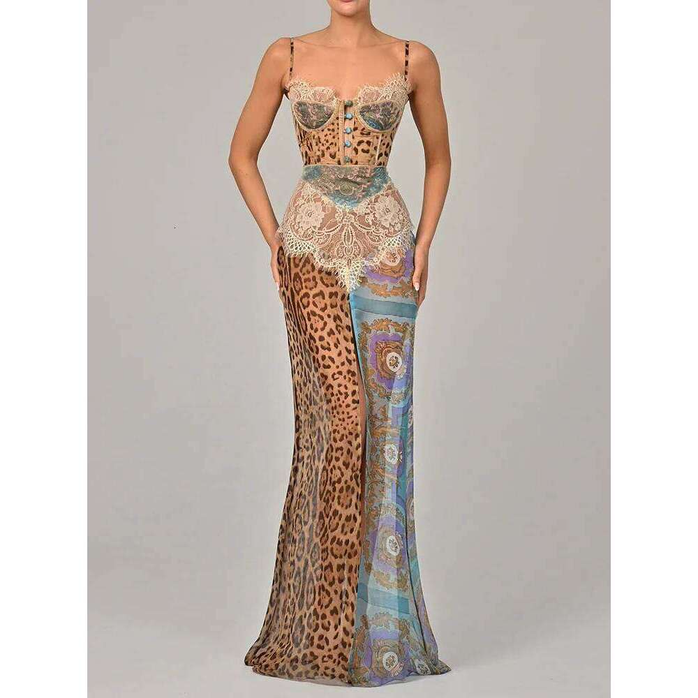 Mozision Leopard Print Lace Split Sexy Maxi Women Gown Elegant Patchwork Chiffon Sleeveless Backless Beach Evening Dress