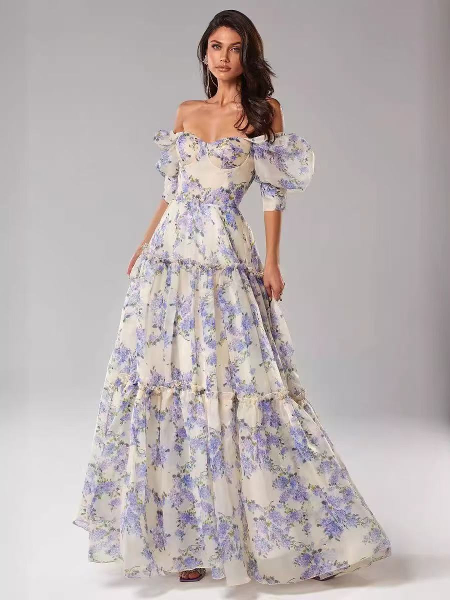 Summer Dress Elegant Floral Print Evening Party Dresses Women Charming A-line Off Shoulder Boat Neck Loose Short Sleeve Prom Gowns Robe Dress