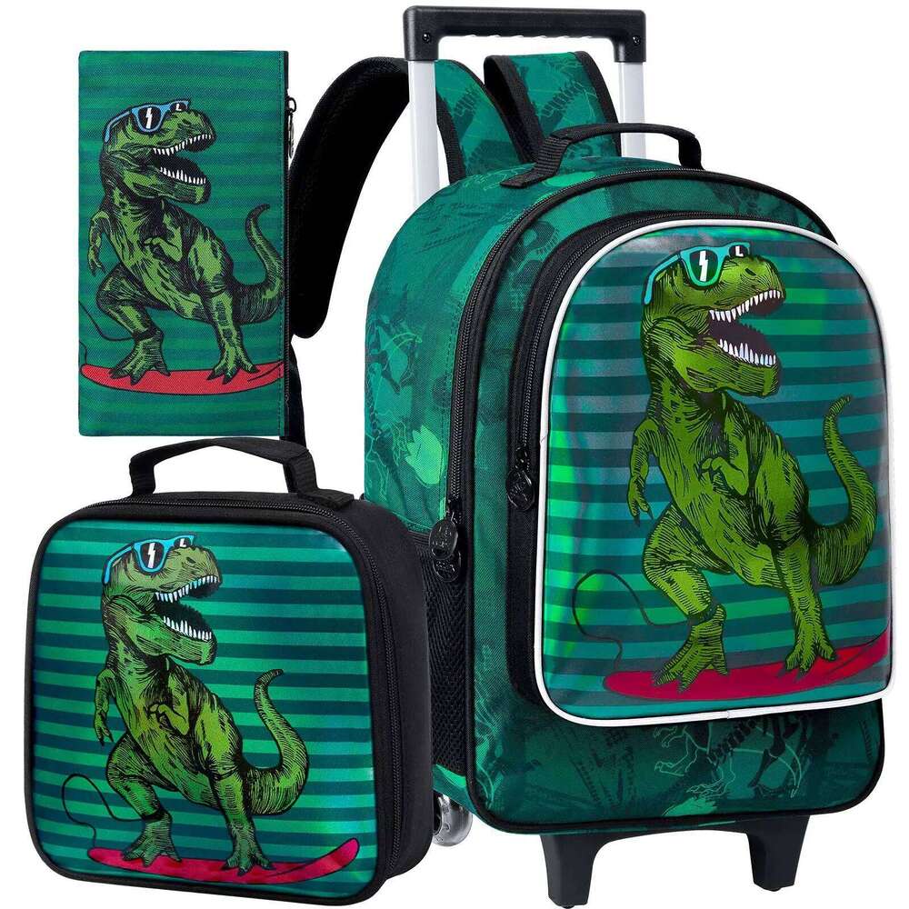 3Pcs Kids Rolling Backpack Boys, Dinosaur School Bookbag With Wheels, Roller Wheeled Backpacks For Toddler Elementary