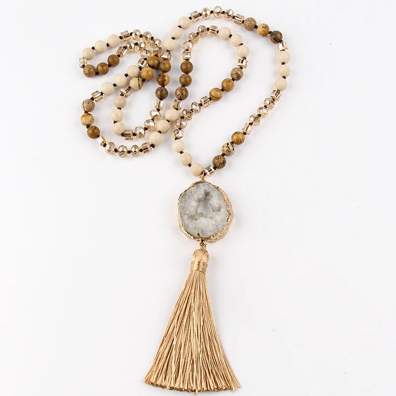 Fashion Bohemian Jewelry Natural Stones Glass Knotted Druzy Stone Links Tassel Necklaces For Women Gift 250604