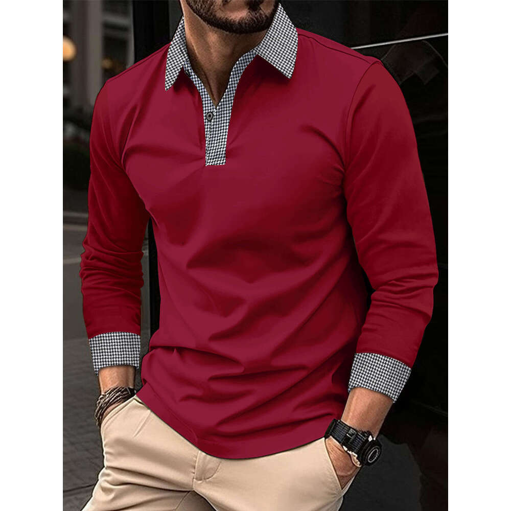 New Men's Long Sleeve Spring And Autumn Color Block Print Casual Polo Shirt B5