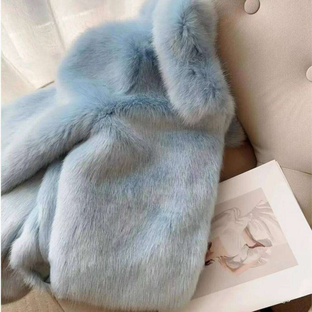 2024 Winter Light Ice blue Turn down Lapel Hairy Shaggy Faux Fur Coat Women Full Sleeve Furry Warm Jacket Short Outerwear