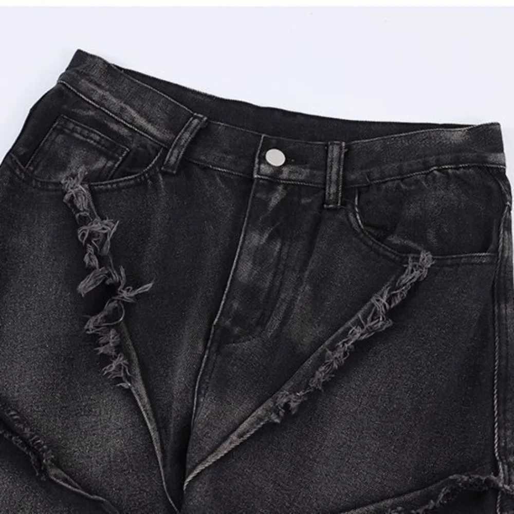 High Street Fringe Cotton Jeans Straight Leg Loose Fit Black Hip Hop Cotton Knit Fabric Distressed Washing Shorts For Men M250610