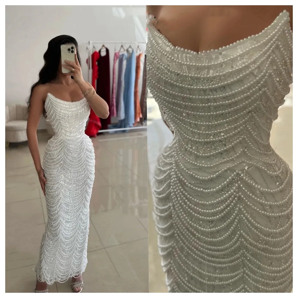 Elegant Pearls Sleeveless Prom Dresses Fashion Sequined Beading Evening Dress Ankle Length Celebrity Party Gown Customized