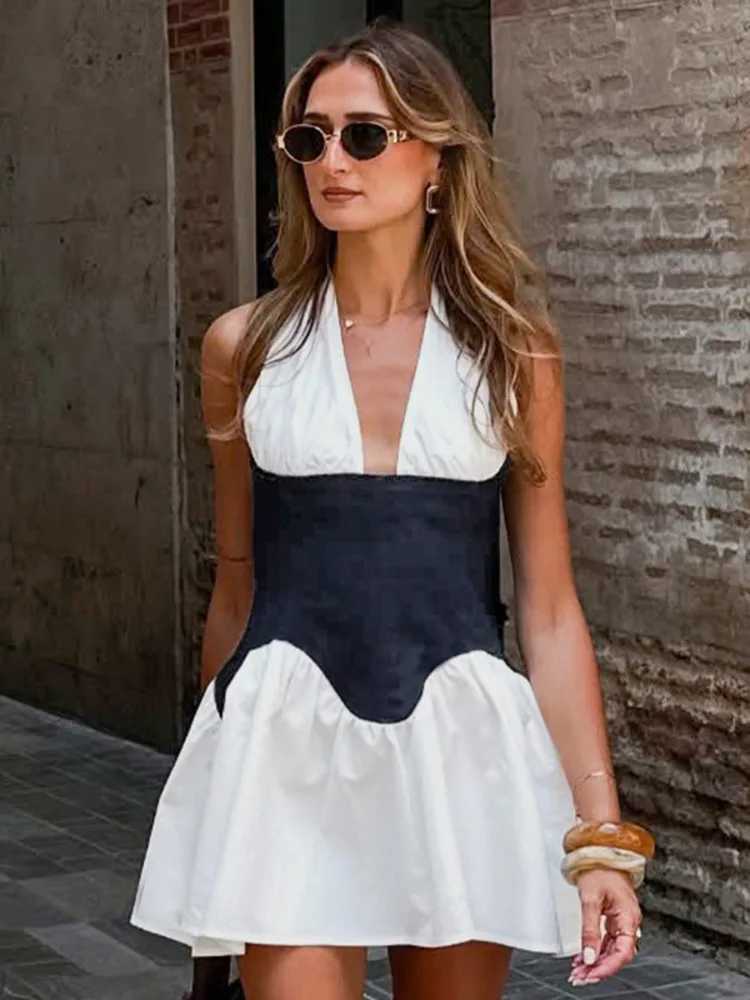 Blifanbo Deep V-neck Halter Sexy Mini Dress For Women Off-shoulder Sleeveless Patchwork Lace-up Backless A-line Club Party Dress XJ250610