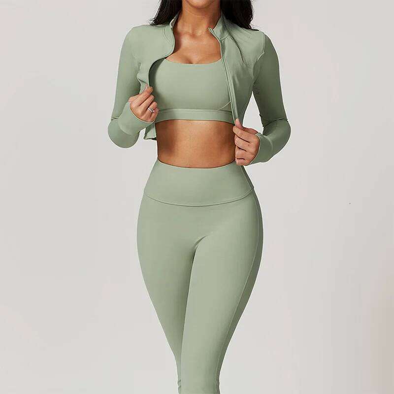 Outfit Active Wear 3 Pieces Workout Clothes For Women Sports Bra High Waist Gym Leggings Long-Sleeved Fiess Sportswear