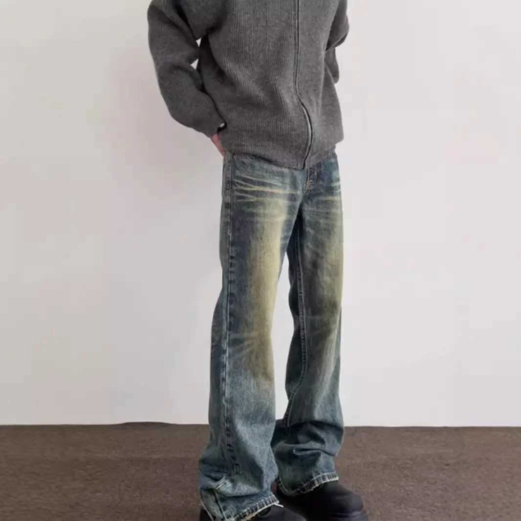 Vintage American Style Mens Straight-Leg Slimming Long Jeans Distressed Washing Denim Pants Trendy Brand Bootcut Pants M250610
