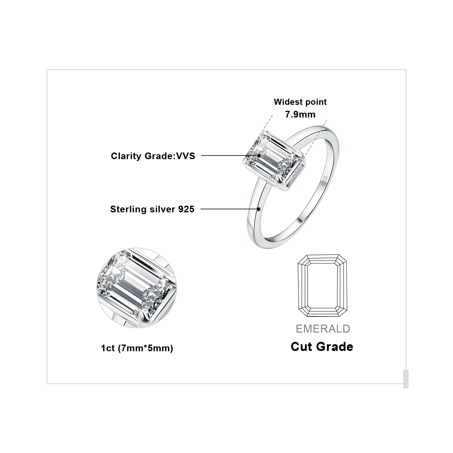 Jewelry 5A CZ Emerald Cut Solitaire 925 Sterling Silver Wedding Engagement Ring for Woman Anniversary Gift Fine Jewelry 250610