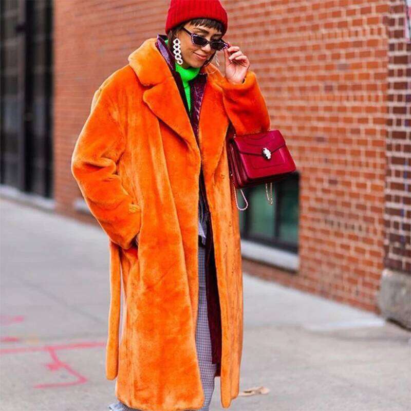 Mixed Color Patchwork Faux Mink Fur Winter Coat Women Jacket Fluffy Lapel Collar Brand 2024 Elegant Ladies Long Overcoats