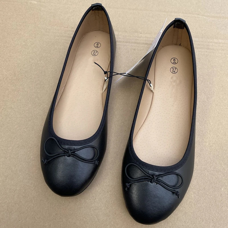 Elegant Bowknot Ballerina Womens Flat Round Toe Comfort Slip-On Ladies Loafers Leather Single Mules Shoes 250606