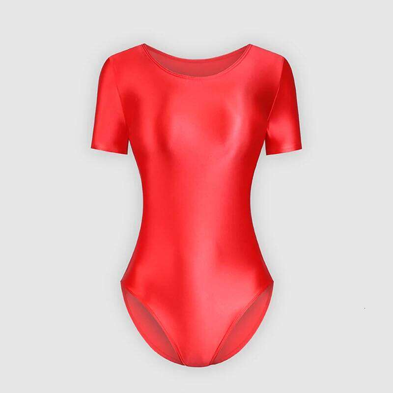 sexy women silky glossy one-piece japanese swimsuit oily tights shapewear Shiny short sleeve bodysuit Men's bathing suits