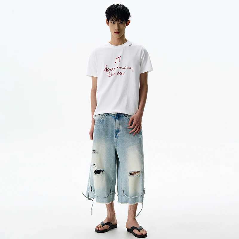 LUZHEN 2025 New Personalized Gradient Washed Broken Hole Wornout Design Cropped Pants Mens Trendy Straight Street Shorts JY1417 M250610