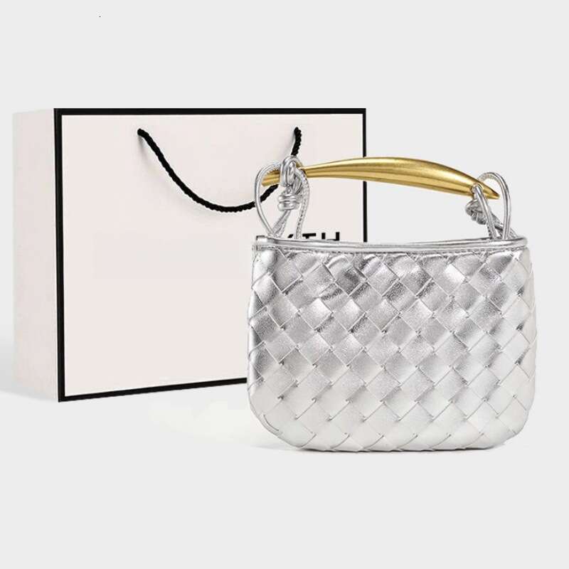 2025 New Silver Sardine Handwoven High-Quality Metal Handle Soft Leather Shoulder Crossbody Bag