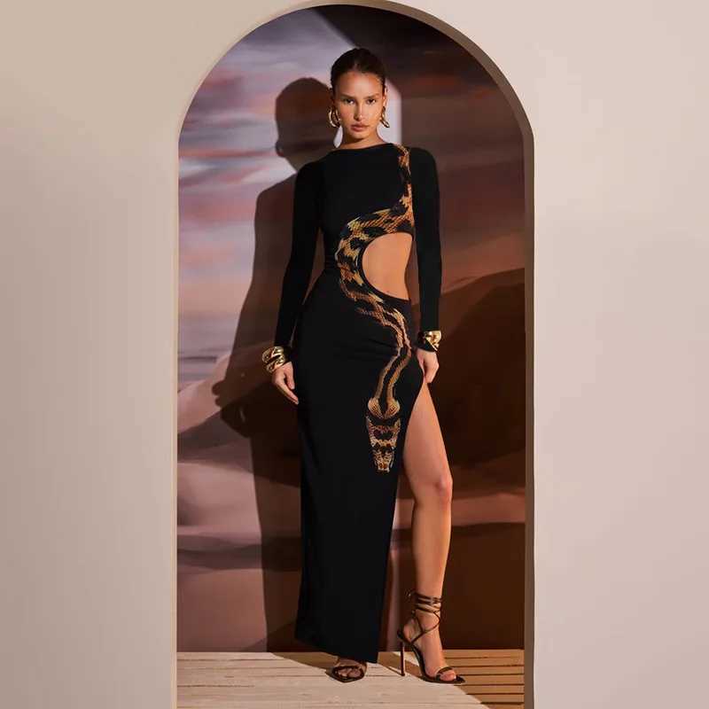 Womens 2024 Autumn and Winter Revealed Waist High Slit Long Sleeve Sexy Snake Print Long Dress Elegant Sexy Party Dress Club Ou XJ250610