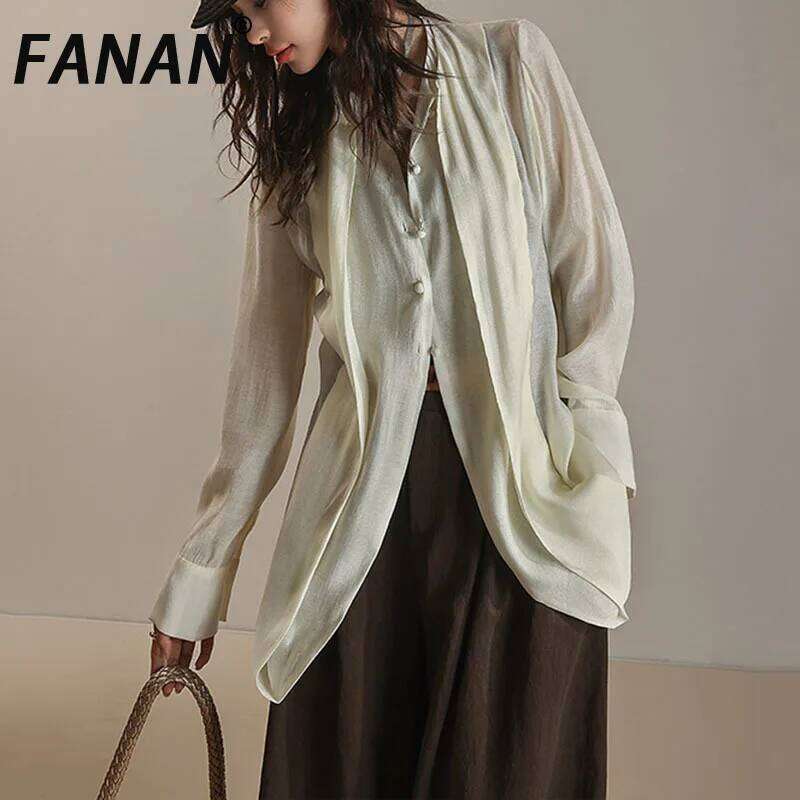 FANAN Chiiffon Sunscreen Shirts For Women V Neck Single Breasted Spliced Blouses Casual Female Tops 2025 Summer New Clothing