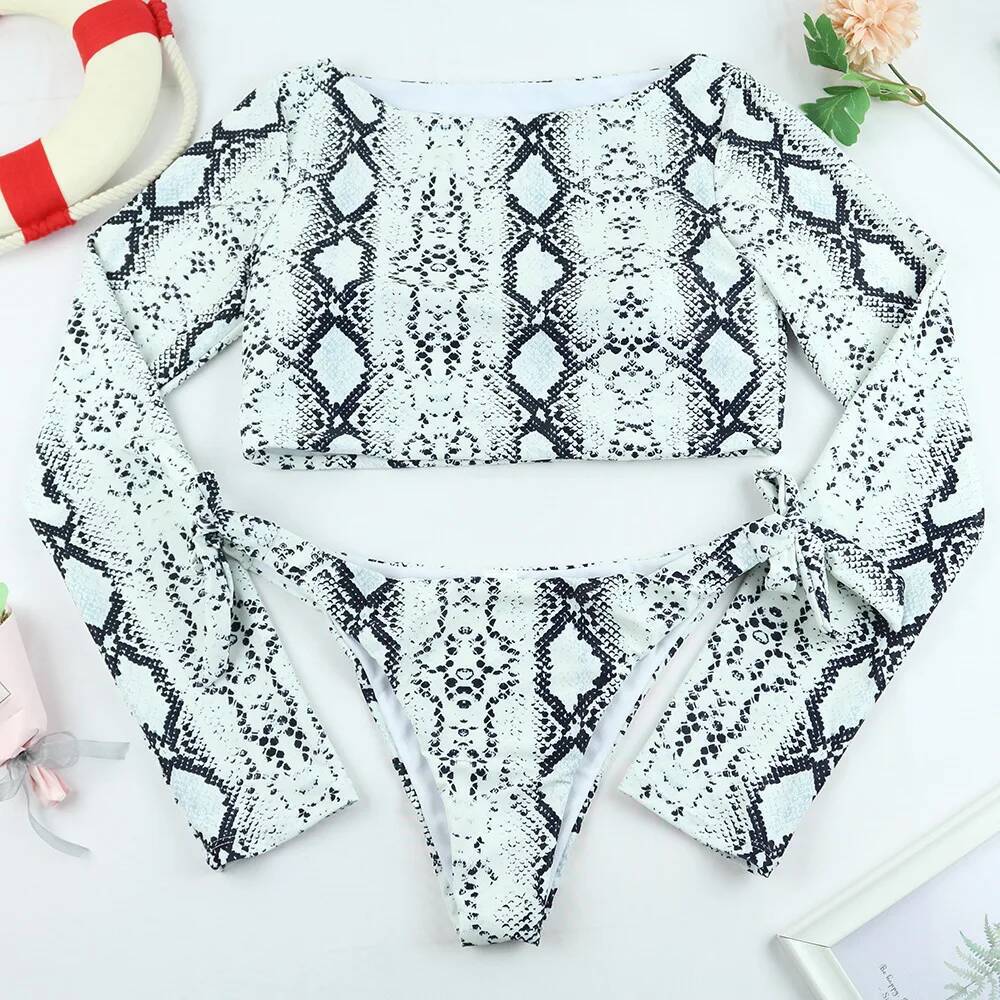 Women's Two Pieces Swimsuit Leopard Printing Bikini Long Sleeve Sun Protection Rash Guard Padded Swimwear Swimming Bathing Suits