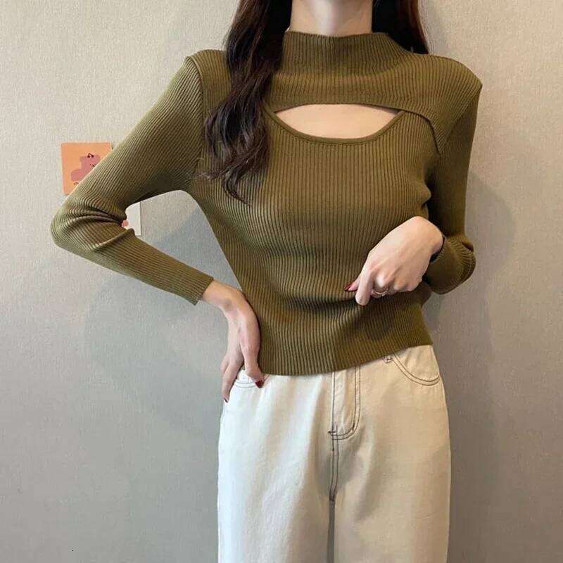 Half Turtle Neck Knit Sweaters Women Y2K Sexy Hollow Out Long Sleeves Slim Pullover Female Simple Solid All-match Jumper Spring