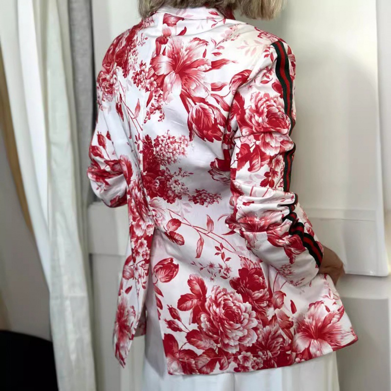 Ladies' stylish jacket small suit button up collar short sleeved long sleeved colorful print