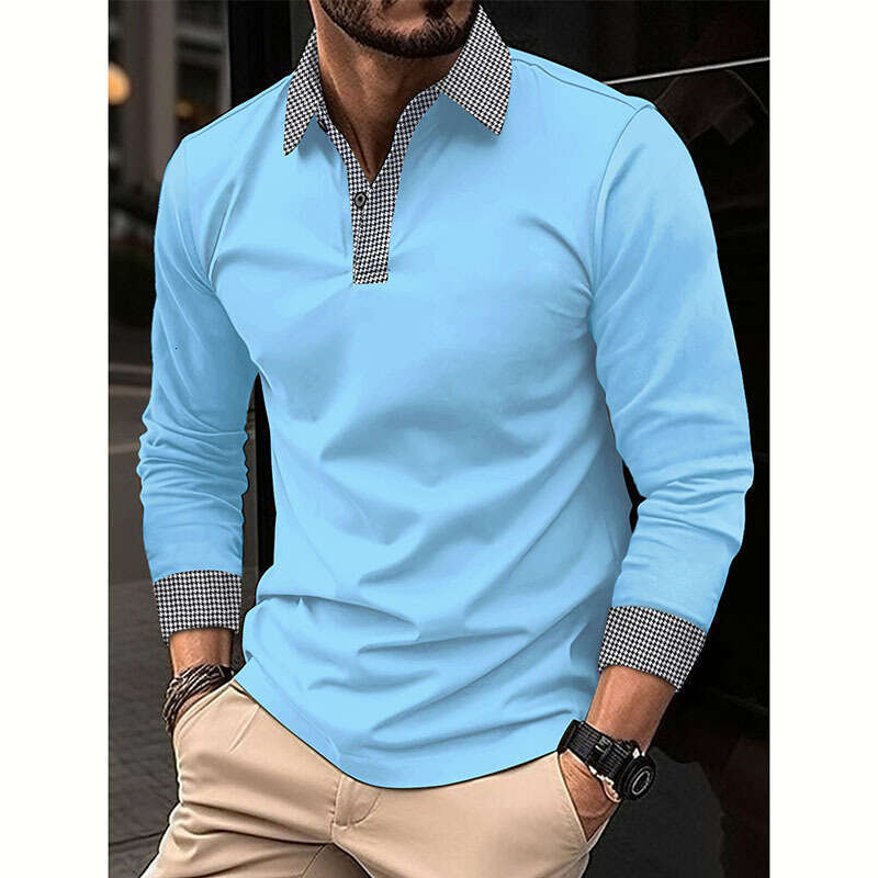 New Men's Long Sleeve Spring And Autumn Color Block Print Casual Polo Shirt B5