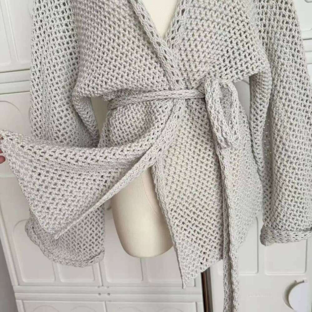 Hollow Lace-up Bathrobe Jacket Knitted Open Cardigan for Women Autumn Solid Fashion Sweater Coat Loose