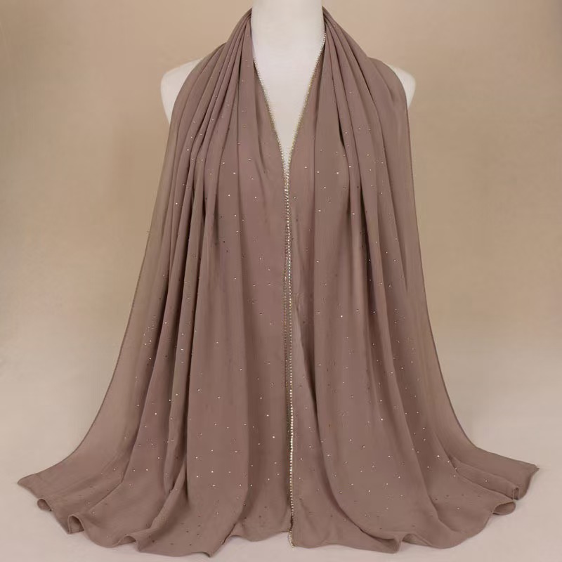 T933 chain scarf women's solid color pearl chiffon hot diamond scarf long scarf shawl