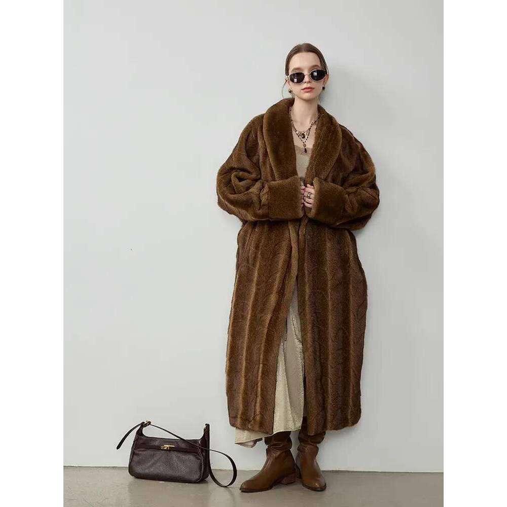 Lautaro Autumn Winter Long Vintage Elegant Chic Thick Warm Soft Brown Fluffy Faux Mink Fur Coat Women Shawl Collar 2025