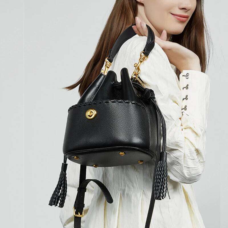 Burminsa Cow Genuine Leather Drawstring Bucket Small Shoulder Crossbody Bags For Women 2025 Designer Tote Ladies Handbags
