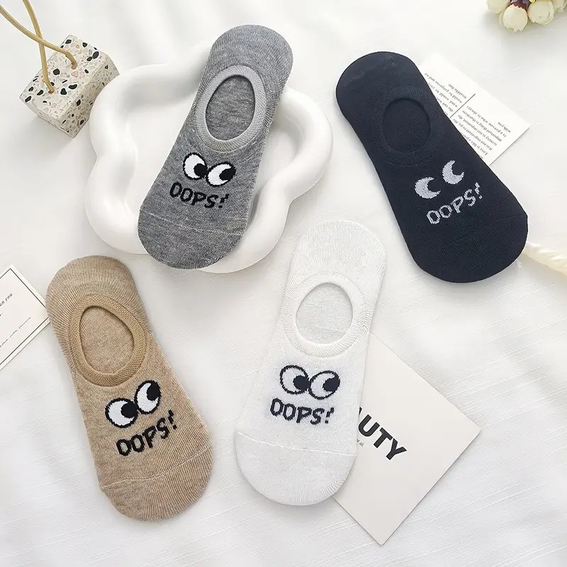 Cute Big Eyes & Oops Letter Print Non-Slip Breathable Boat Socks - Lightweight Multi-Colored Soft Fabric