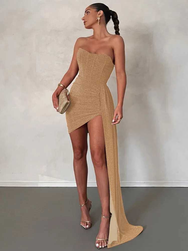 Mozision Elegant Strapless Lace-up Mini Dress For Women Robe 2023 New Off-shoulder Sleeveless Ruched Party Short Dress Vestido XJ250610