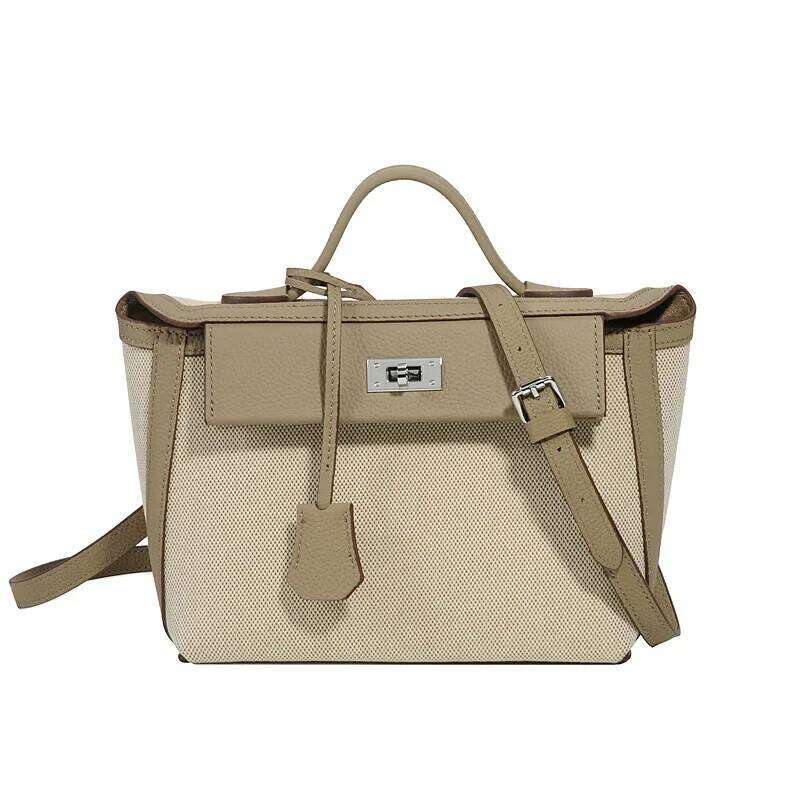 Vintage Classic High-End Feel Canva Cow Leather Flip-Open Molded Lock Buckle Color Blocking Small Square Crossbody Bag