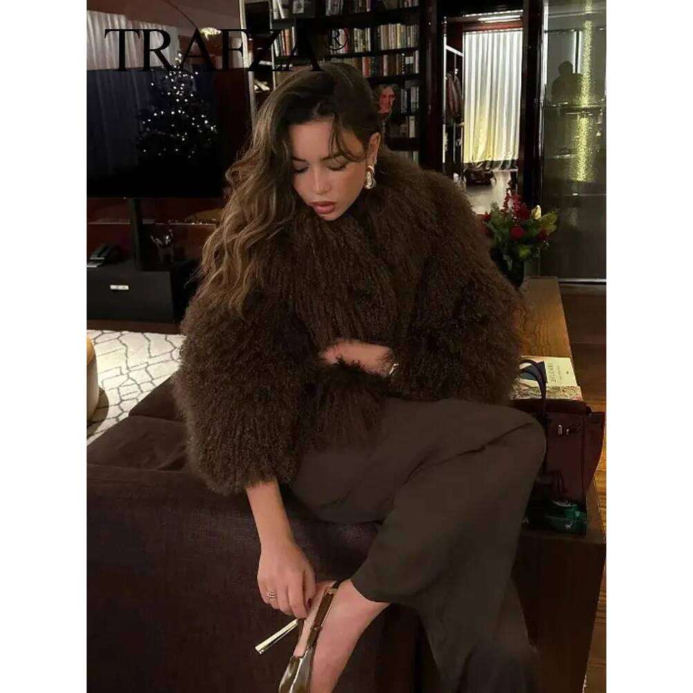 TRAFZA Winter Female Trendy Elegant Fur Coats Casual Solid Long Sleeves Turn Down Collar 3 Colors Autumn Warm Chic Jackets