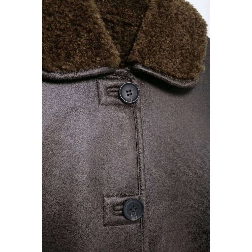 TRAF2024 Autumn/Winter New Women's Wear High end Warm Leather Double sided Imitation Lamb Wool Loose Coat