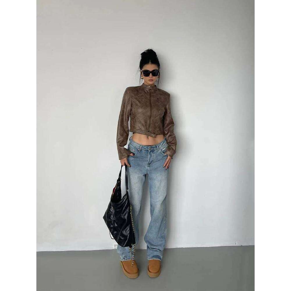 WOMENGAGA Stand Collar Leather Coat Women Autumn New Straight Tube Slim Short Motorcycle Jacket Korean Sweet D8FN