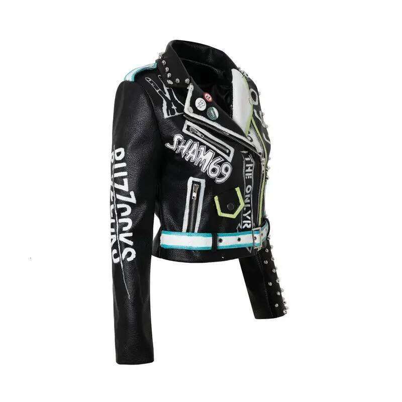 Streetwear Punk Studded Slim Cropped For Women 2025 New Contrast Graffiti Print Faux Leather Motorcycle Jacket