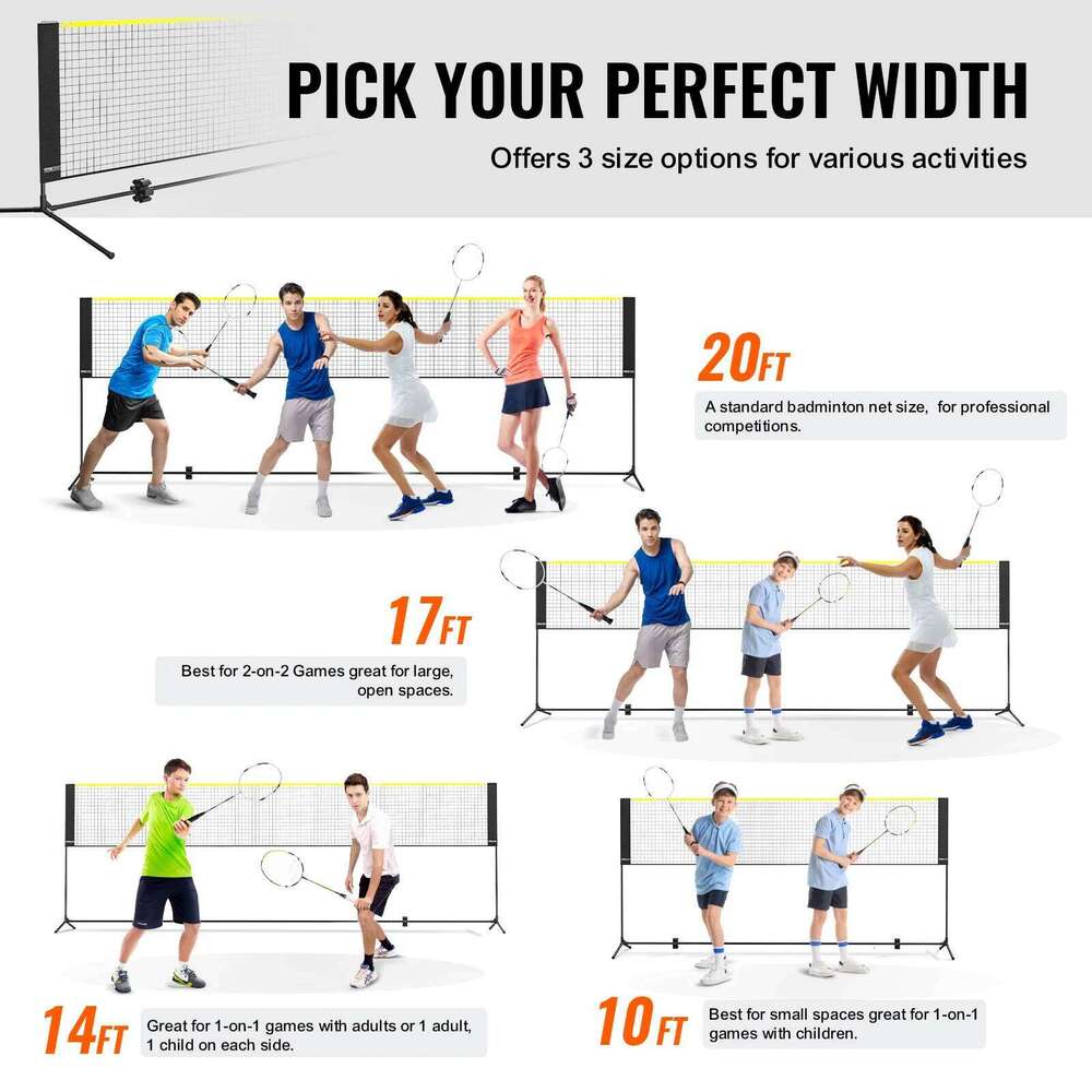 VEVOR 20FT Badminton Height Adjustable Volleyball Wide Foldable Pickleball Portable Tennis Net Set with Poles Stand