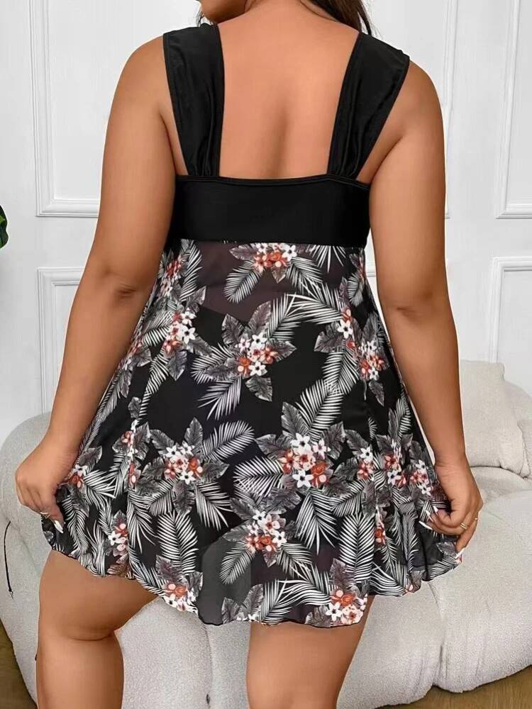 5XL Plus Size Swimdress High Waist Women Swimwear Push Up Bikini Sexy Black Mesh Swimsuit Bathing Suit Chubby Tankini Female