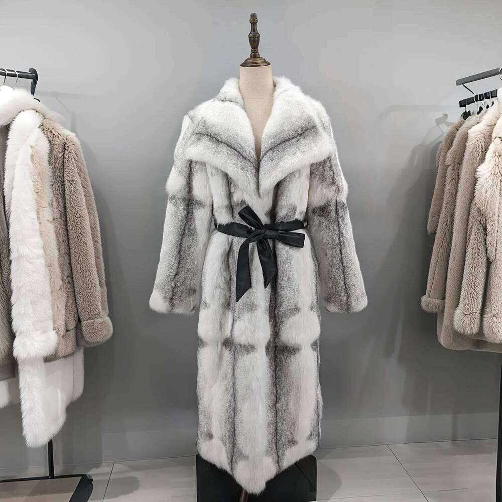 Winter Long Jacket Women Real Natural Rabbit Fur A-Line Coat Thick Warm With Belt Outerwear Streetwear Casual Big Collar 240904