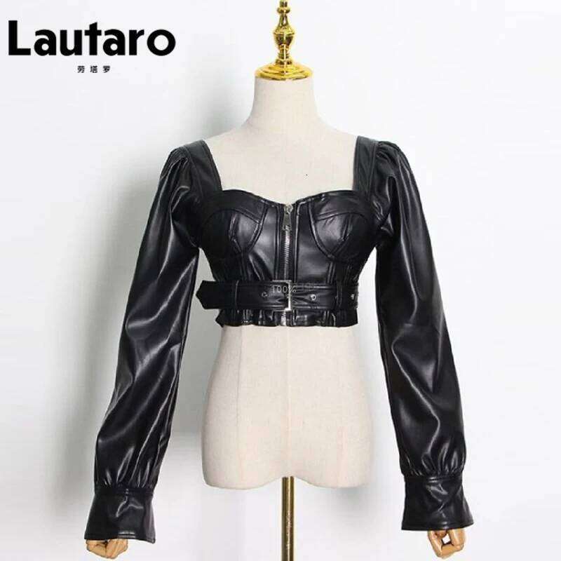 Lautaro Y2k Black Faux Leather Crop Top Women Square Neck Long Sleeve Zipper Cropped Jacket 2021 Sexy Backless Fashion 5Xl 6Xl