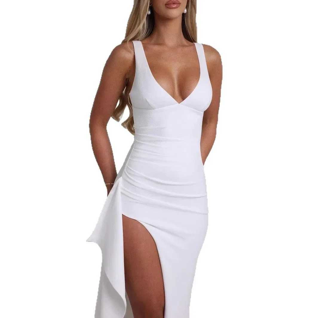 Sexy High Slit Deep V Neck Slimming Strap Dress Evening Gown Womens Fashionable Sleeveless Ankle-Length Dress XJ250610