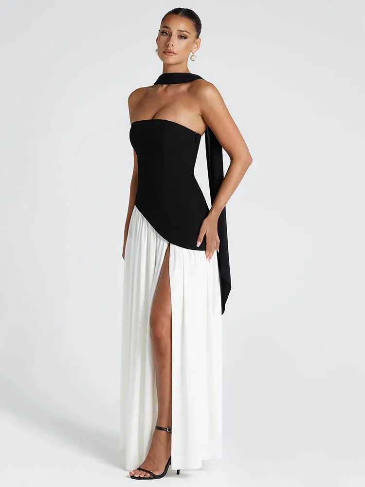 GACVGA Elegant Strapless Sexy Maxi Dress Women Gown Scarf Collar Bandage Backless High Split Club Party Evening Long Dress XJ250610