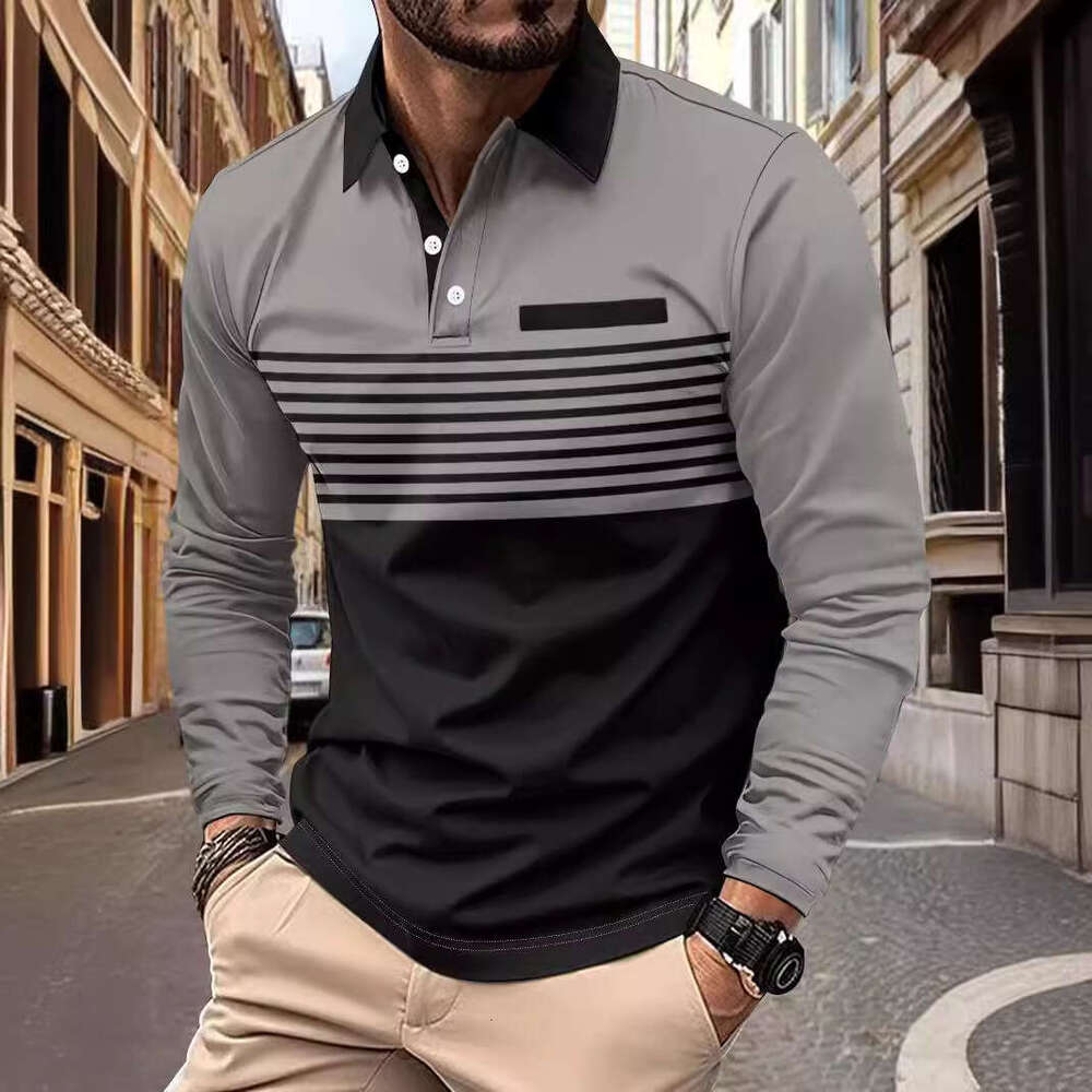 Autumn New Men's T-Shirt Casual Striped Turn-Down Collar Long Sleeve Polo Shirt B5