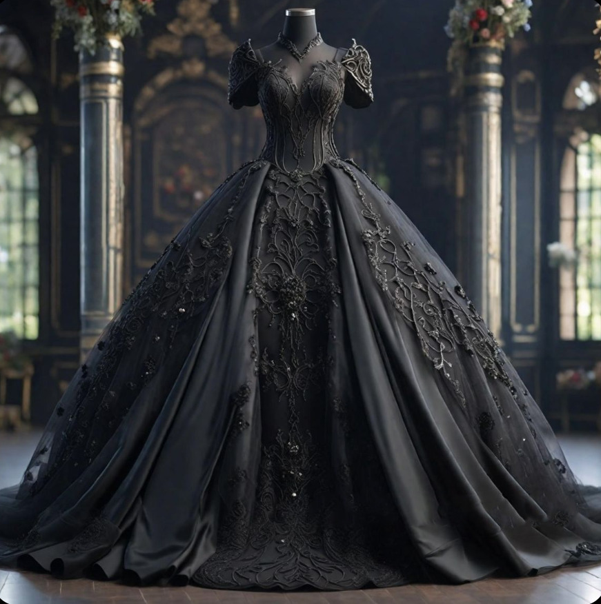 Gothic Black Medieval Satin Applique Ball Gown Bridal Dress A-Line Custom Wedding Dresses Floor Length Cubic Floral Lace-Up/Zipper Back Youmaigowns