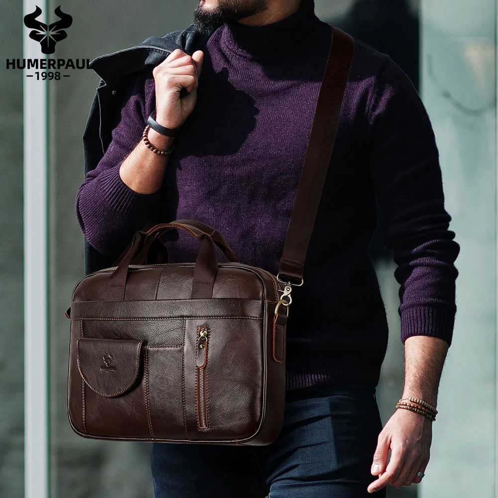 HUMERPAUL Mens Briefcase Bag Top Layer Leather Handcrafted Laptop Bag with Multiple Compartments Business Shoulder Messenger W250610