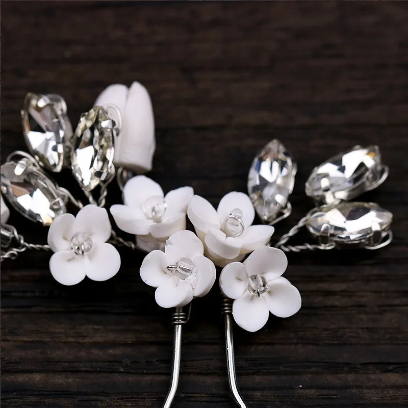 Exquisite Girls Hair Accessories Silver Rhinestone Clay Flower Headwear Wedding Bridal Hair Forks 250610