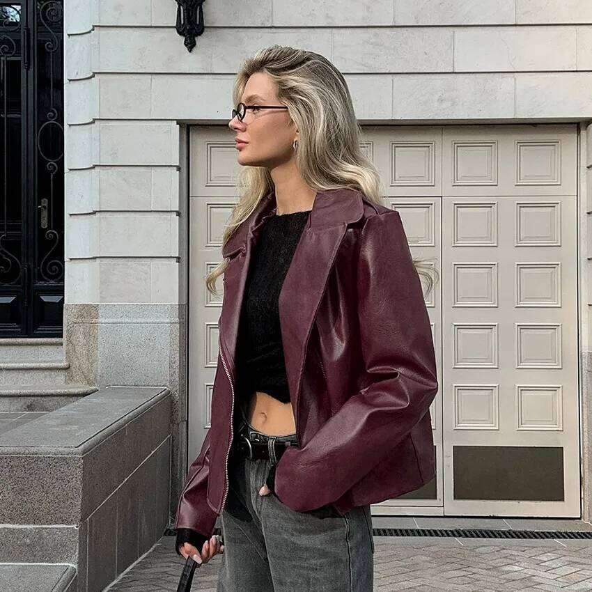 Trendy Wine Red Faux Leather Jakcet Fashion Outerwear Thicken Zipper Lapel Pu Coats Autumn Winter Streetwear Ladies Tops Women
