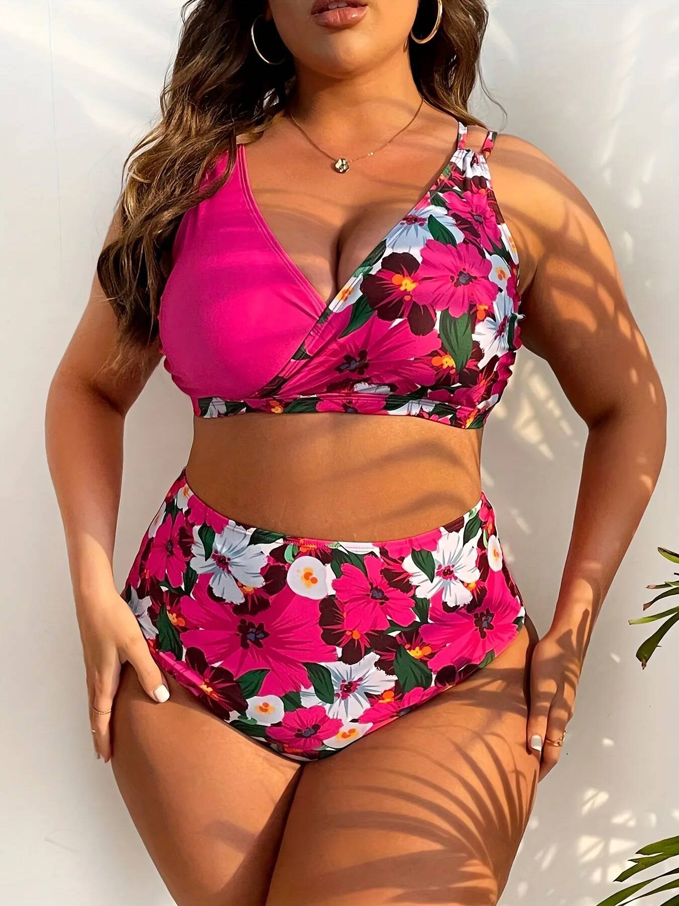 Sexy High Waist Plus Size Printed Swimsuit Women's 2025 New Deep V Swimwear Brazil Split Bikini Set
