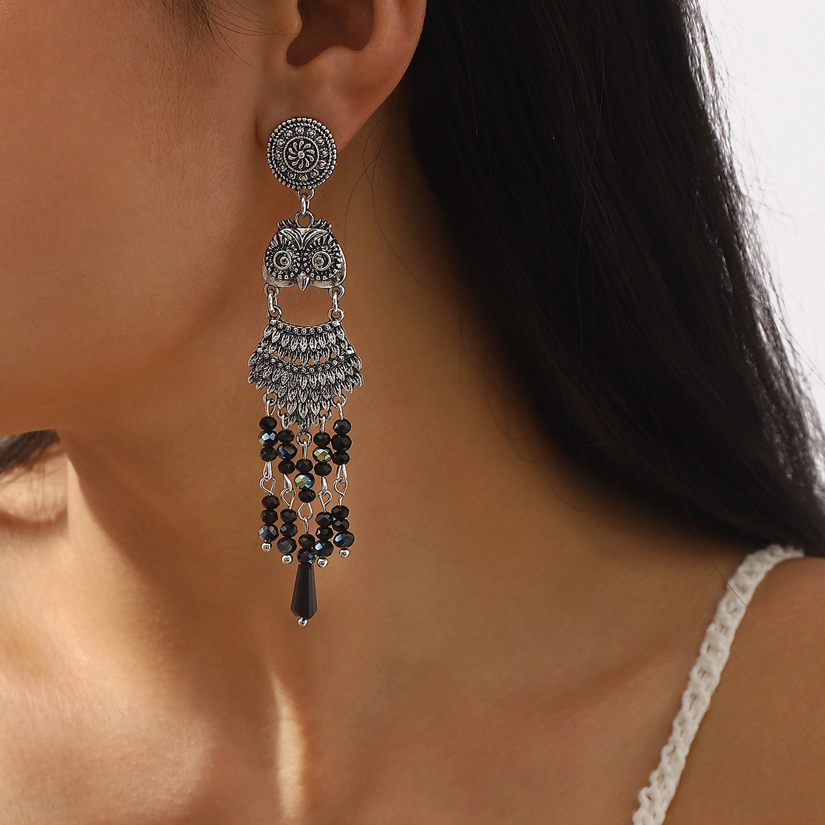 Vintage Ethnic Inspired Owl Tassel Earrings Bohemian Style Statement Jewelry with Retro Sophistication