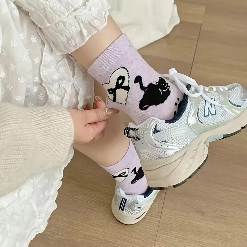 Women's Mid-Calf Socks - Adorable Cat & Bowknot Design, Soft Pastel Color Palette, Fun Cartoon Patterns, Suitable for Casual & Formal Wear, Soft 